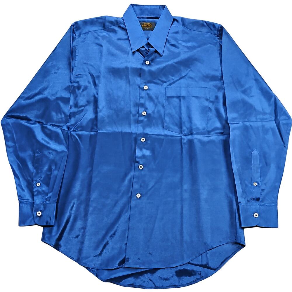 Flyasset Men’s Large Royal Blue Imitation Thai Silk Shiny Satin Button-Up Shirt